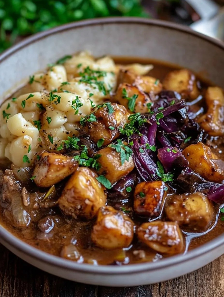 Herzhaftes Pilz-Maronen Ragout mit Ofenknödeln und Rotkraut