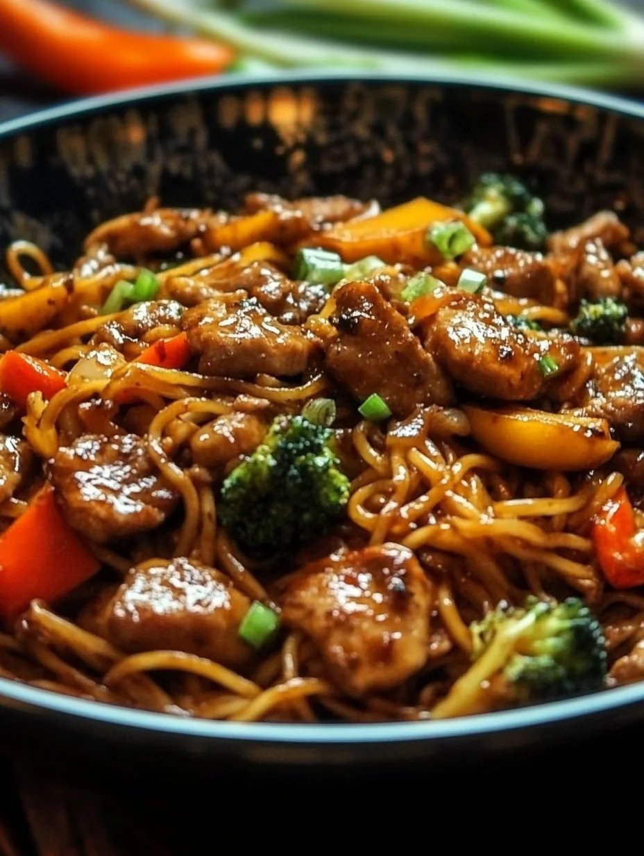 Chinesisch Gebratene Nudeln mit Hühnchenfleisch, Ei und Gemüse