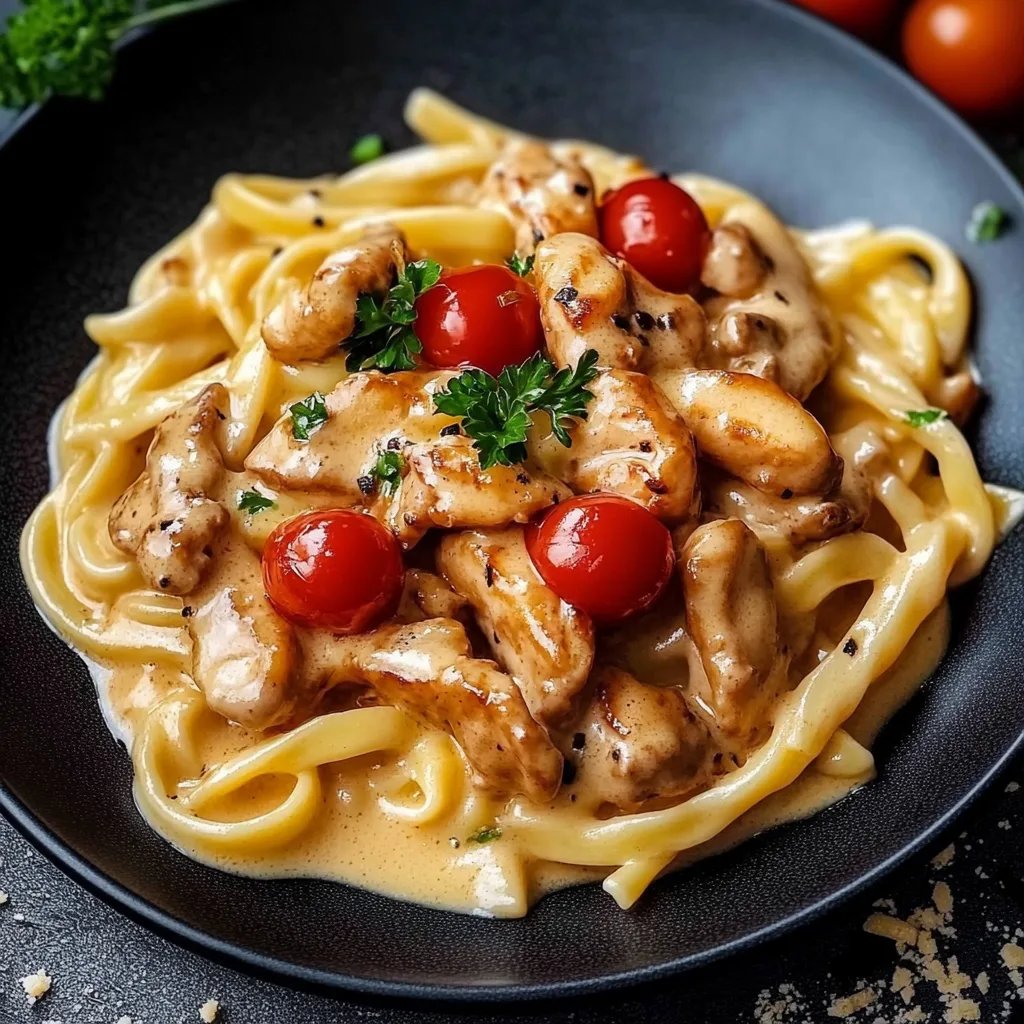 Hähnchenstreifen mit 250g Nudeln in Sahnesauce