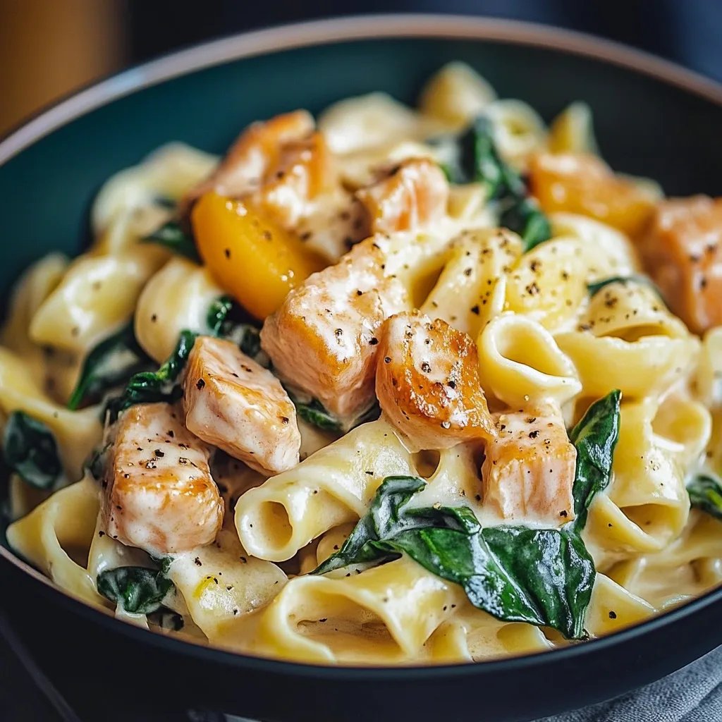 Nudeln in Lachs Sahne Soße mit Spinat